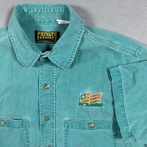 Private Property Mens M Green Denim Polaris Embroidered Short Sleeve Button Down